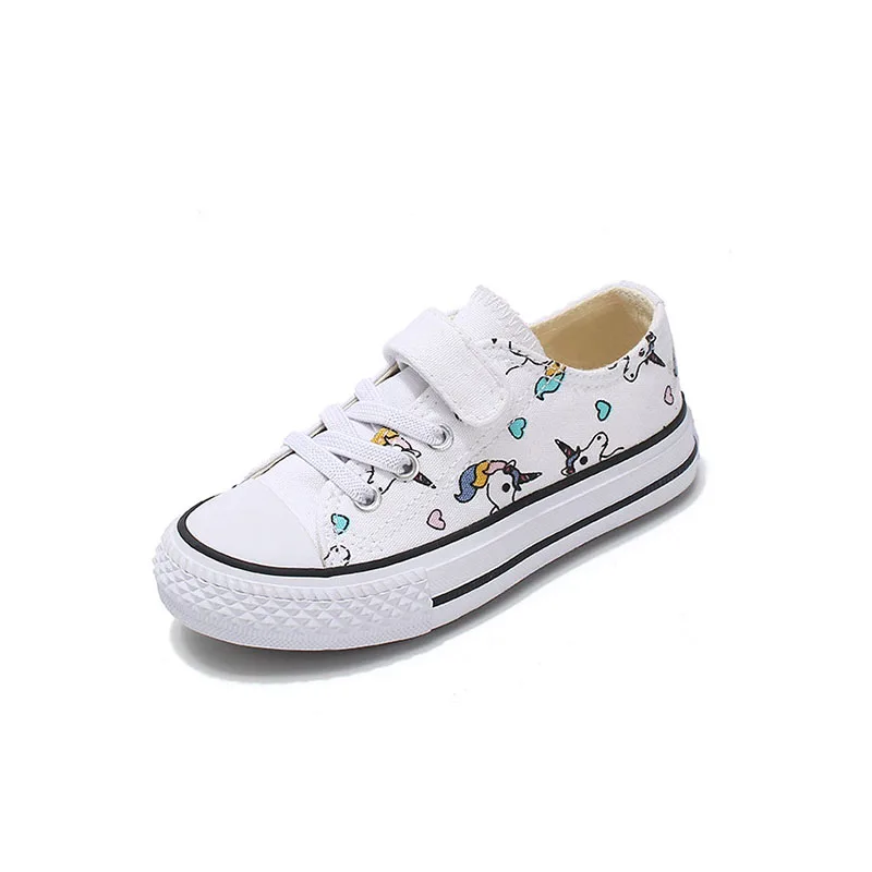 Модные Детские парусиновые туфли для девочек с рисунком милого единорога низким