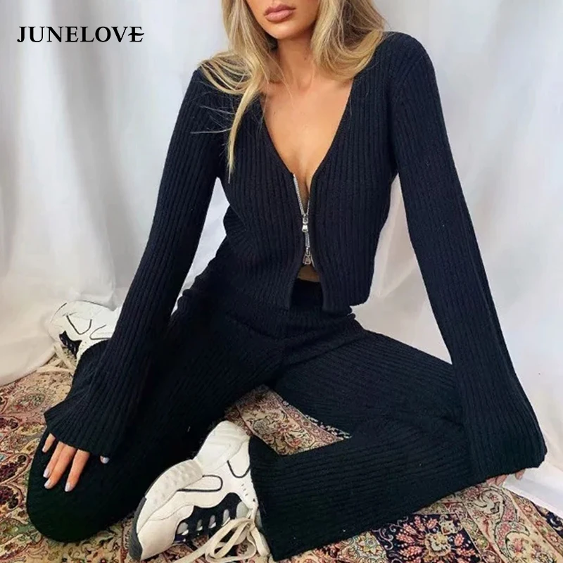 

Hstar Women's Knitted Set Double Zipper Long Sleeve Knitted Cropped Top + Elastic High Waist Wide Leg Pants Outfits for Women