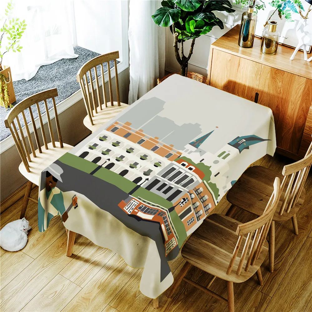 

Cartoon City Building Bus Printing Polyester Waterproof Tablecloth Home Decoration Washable Dustproof Rectangular Table Cloth