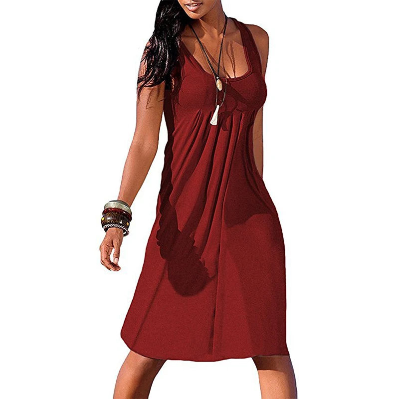 

Платье женское на бретелях, однотонный Повседневный пляжный сарафан без рукавов, с круглым вырезом, одежда на лето