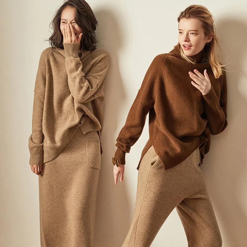 2019Cashmere sweater female high collar pullover loose large size women's short side split fork sweater simple bottoming sweater