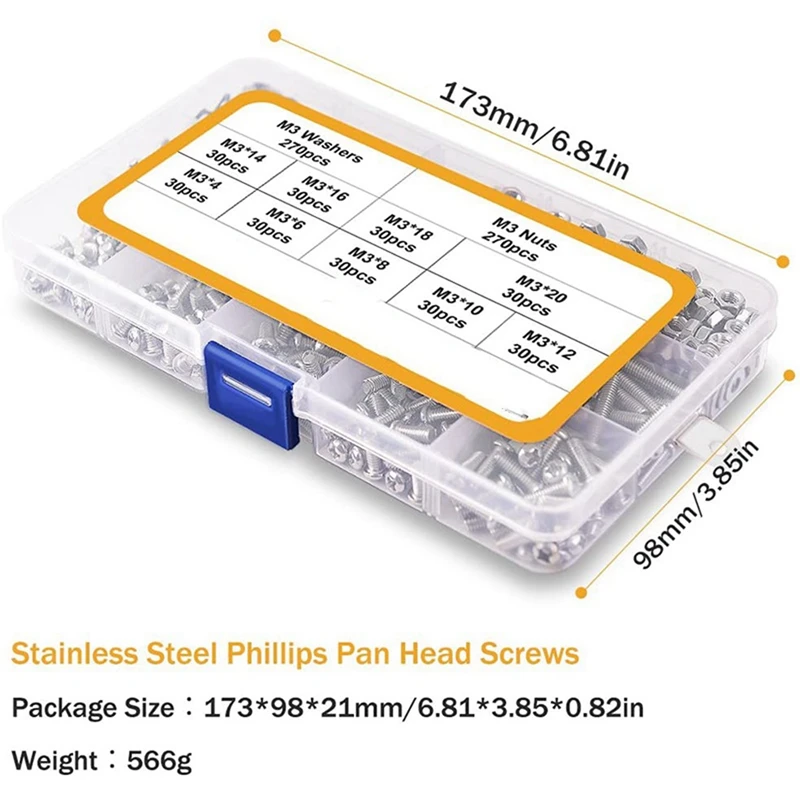 

810Pcs Screw Assortment Kit 304 Stainless Steel Phillips Pan(M3) & 420Pcs/Set M2 M2.5 M3 M4 M5 M6 Nylon Screw Nut