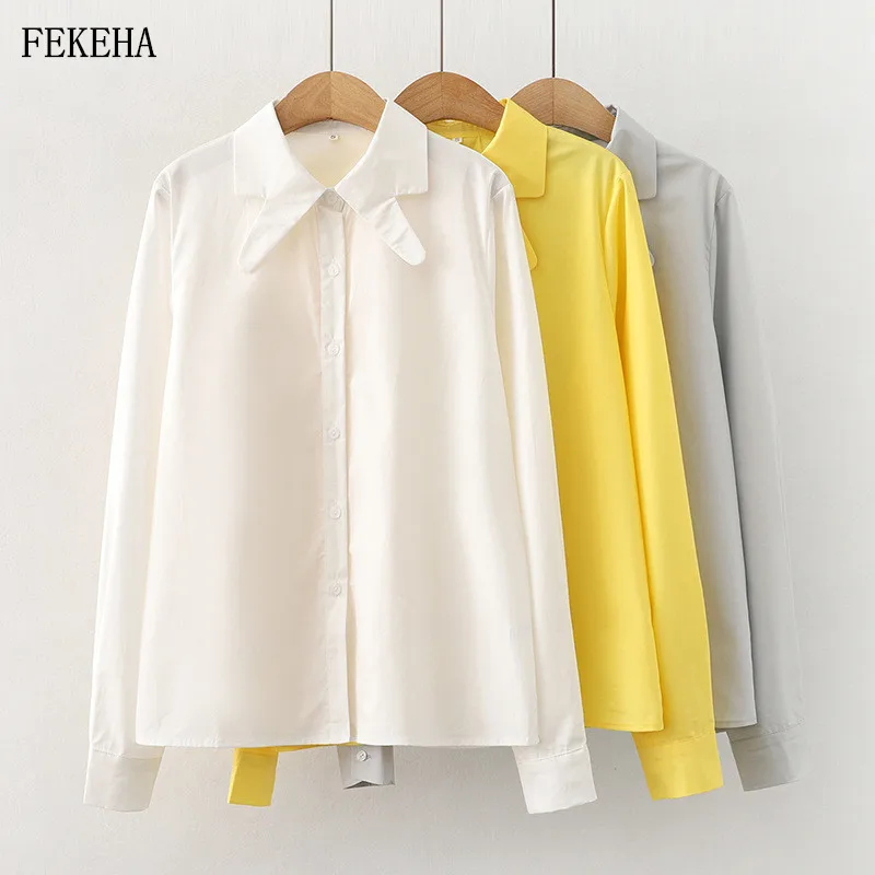 

Однотонные рубашки, женские блузки, хлопковые Женские топы с длинным рукавом, белая, желтая, серая Свободная Женская одежда, новинки на весн...
