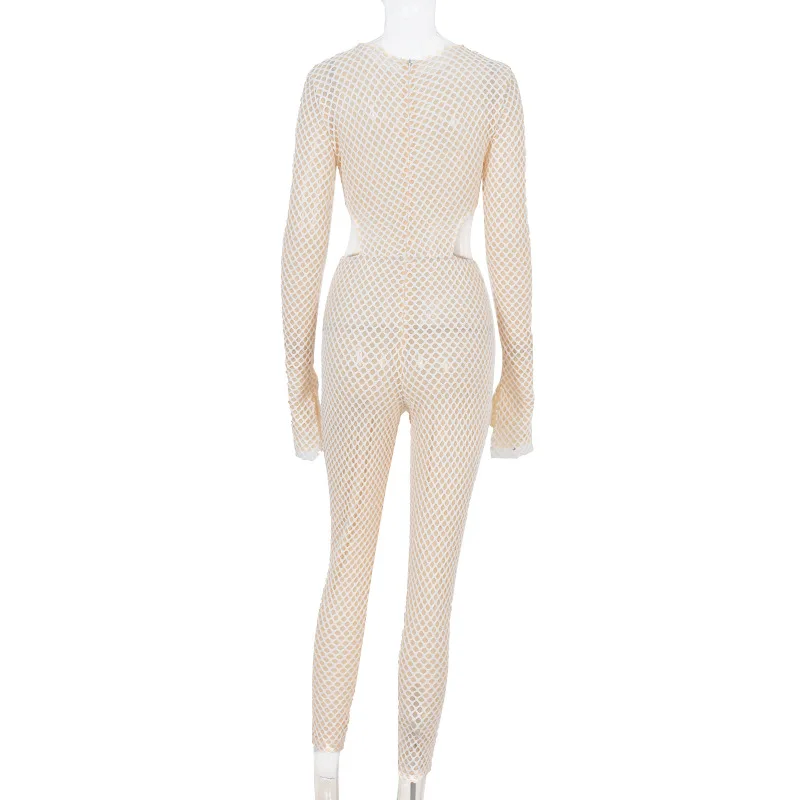 

New Women Waist Cut Out Clubwear Party Jumpsuit Romper Back Zipper Up Round Neck Long Sleeve Bodycon Overalls