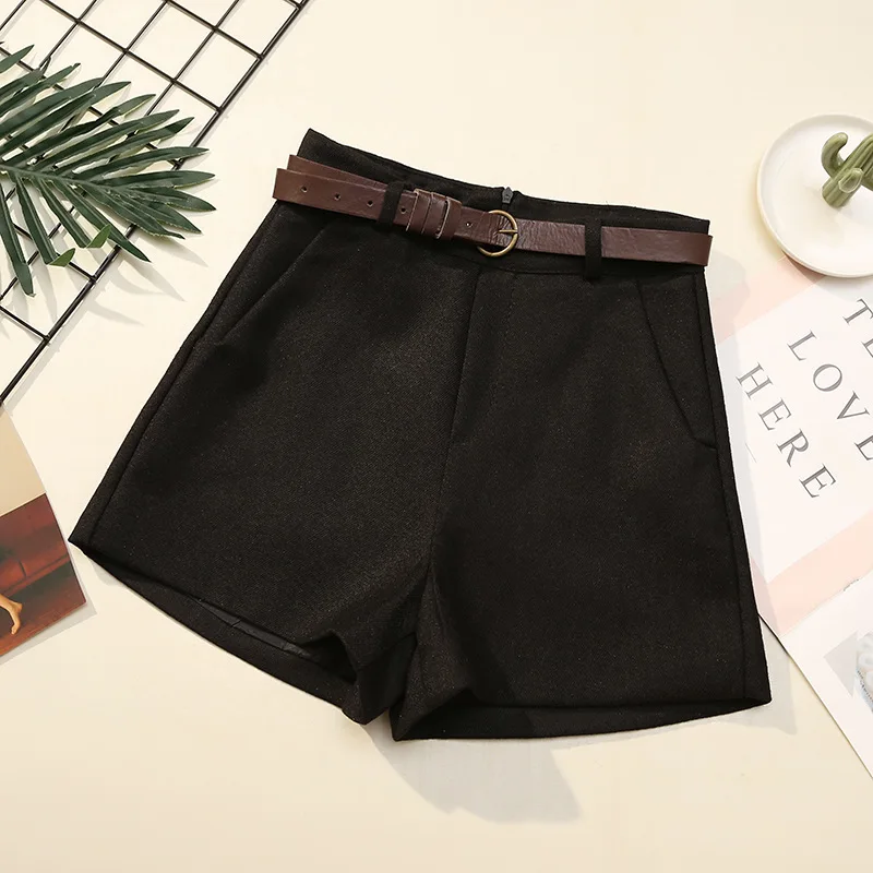 Шорты женские деловые с завышенной талией толстые широкими штанинами и поясом