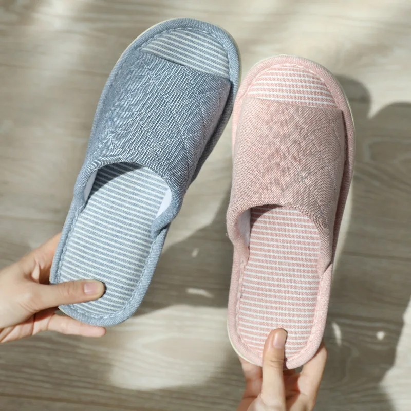 Spring Autumn Simple House Women and Men Cotton Slippers Open Toe Soft Sole Ladies Floor Flat Shoes Indoor Bedroom Ladies Slides