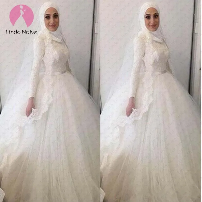 Мусульманское Vestido De Noiva Элегантный Высокий воротник с длинными рукавами бальное
