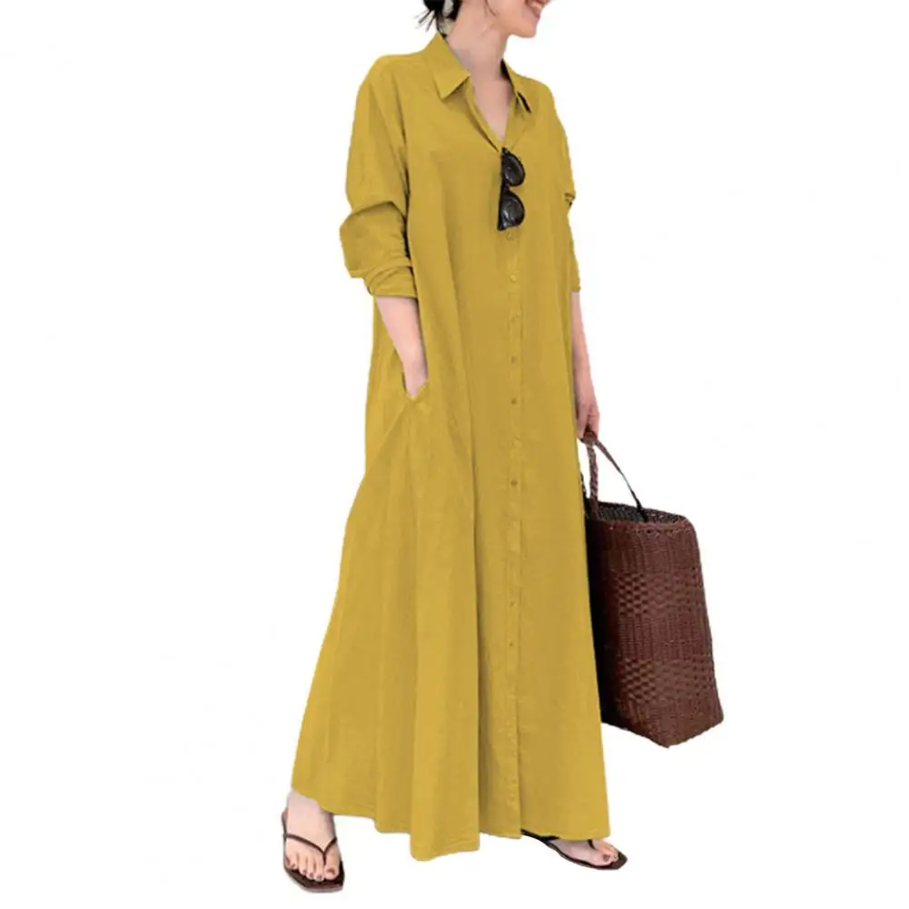 

Long Dress Vintage Women Solid Color Single-breasted Long Sleeve Lapel Large Hem Dress Streetwear Party Dress Vestido Robe