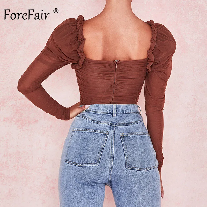 Женское Сетчатое боди с длинным рукавом Forefair Клубное облегающее квадратным