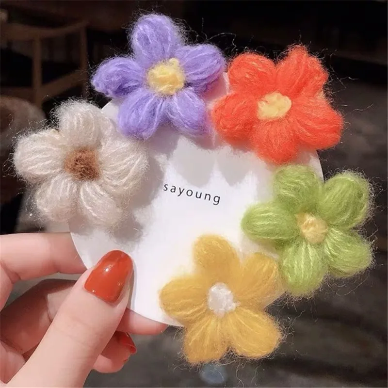 5pcs dark color M MISM, 2 шт., Хит, корейский стиль, Осень-зима, шерсть, вязаный крючком, сладкий цветок, заколка для волос, BB зажим для девушек, женщин, милые заколки, аксессуары для волос - Цвет: 5pcs dark color