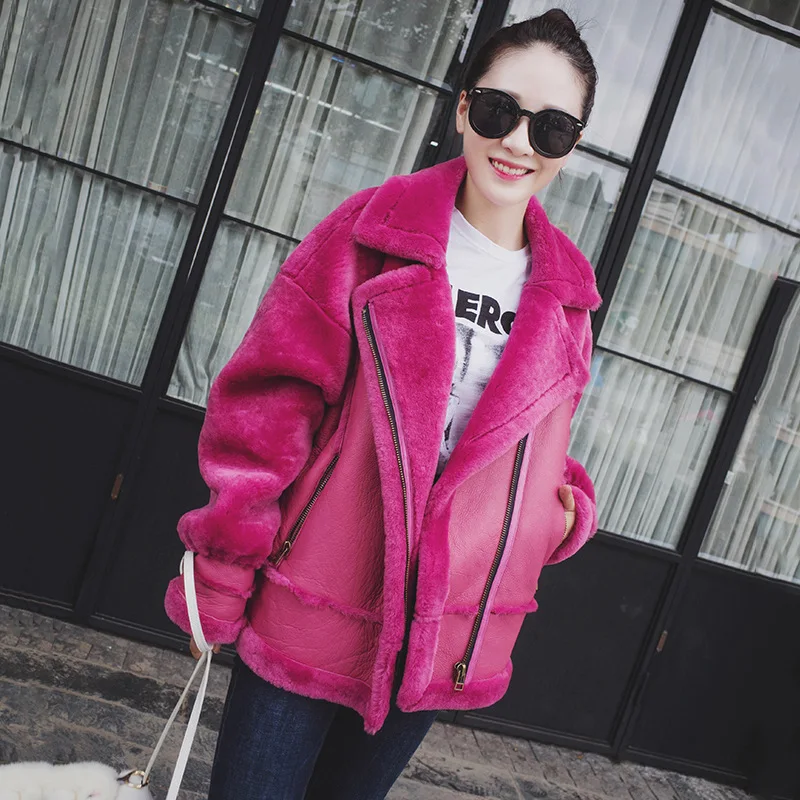 

Real wool coat shot brand simple temperament plue size women's Thick Warm Fur Overcoat collar Merino Sheep Fur coat teddy coat