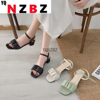 2022 fashion sweet pu thick heel solid women sandals square heel med 3cm 5cm ladies pumps student casual summer female shoes
