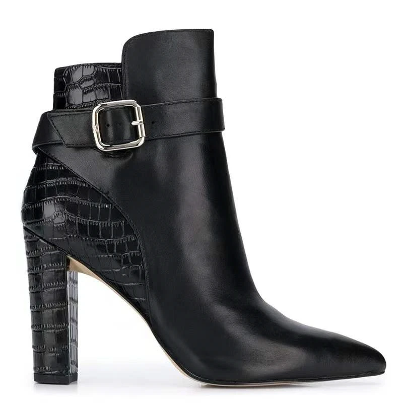 Black Patchwork Stone Print Buckle Strap Fashion Boots for Women Pointy Toe Square High Heel Work Shoes Booty Zip Size 46