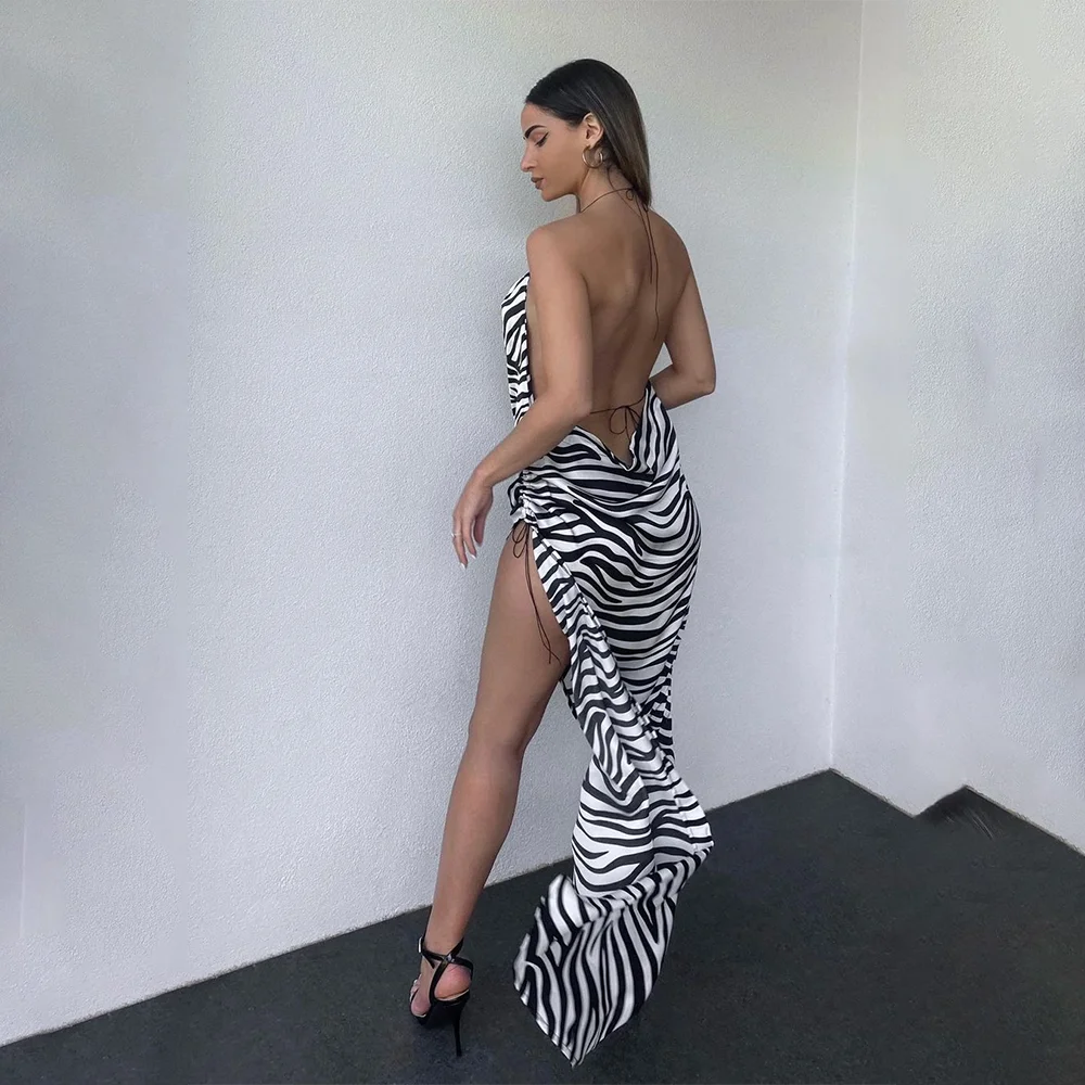 

InstaHot Zebra Pattern And White Dress Backless Casual Spaghetti Strap A Line Party Dress 2021 Summer Elegant Female New Dresses