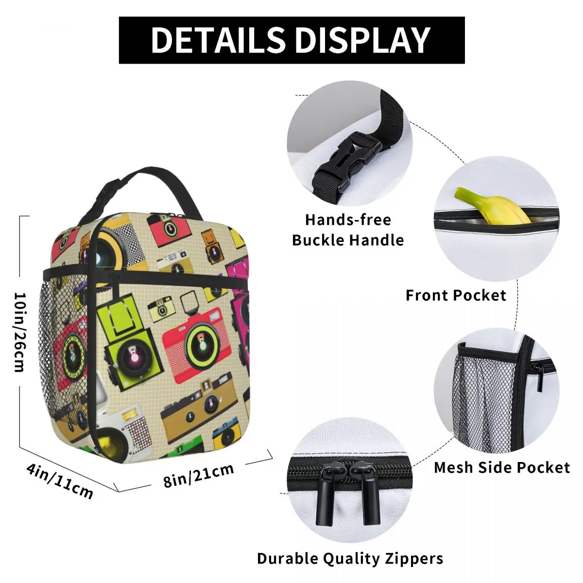 

Vintage Camera Lunch Bag for Women Men Large Insulated Lunch Box with Water Bottle Holder and Pockets