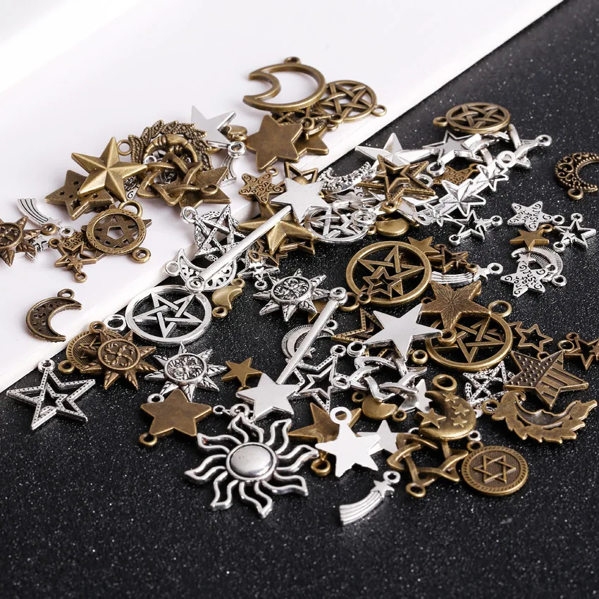 

100pcs Mixed Styles Retro Stars Moon Charms Pendants DIY Jewelry Findings for Necklace Bracelet Making Accessories