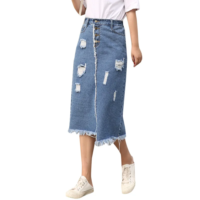 

Sexy Women Denim Mid-length Skirt Fashion Summer High Waist Korean Skirt Blue Package Hip Jeans Harajuku Plus Size Cotton 8XL