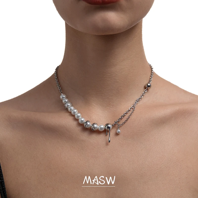 

MASW Original Design Pearls Round Beads Pendant Necklace For Women Jewelry Silvery Plating Short Chain Necklace 2021 New Trend