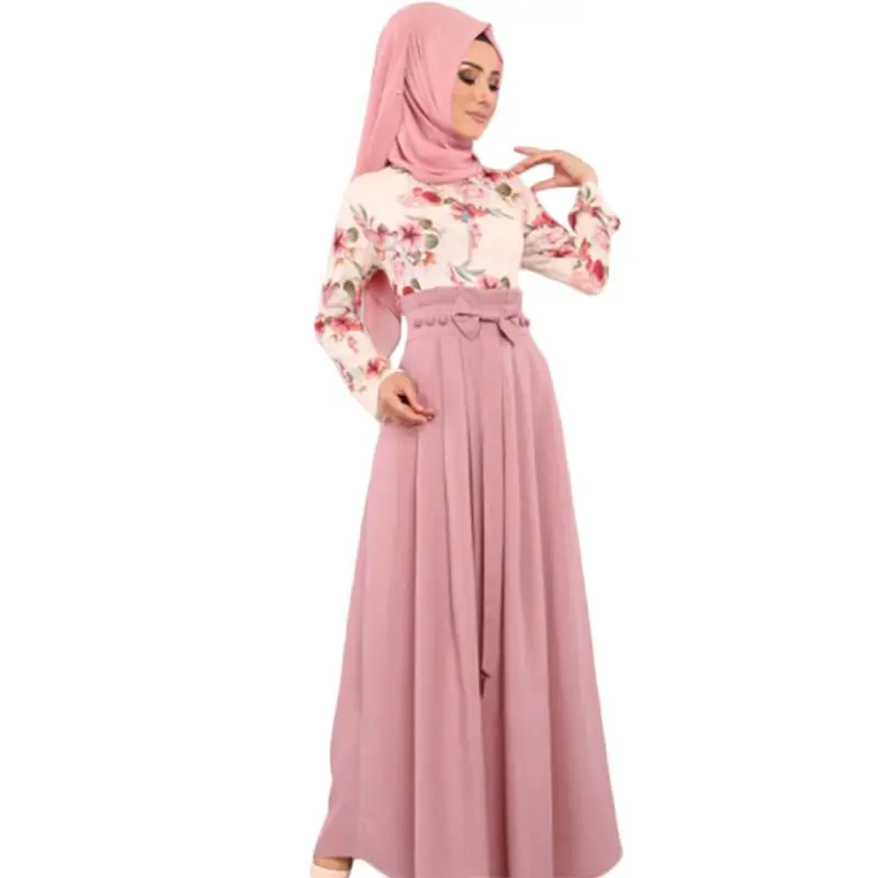 

Women Ramadan Eid Abaya Floral Contrast Color Maxi Dress Muslim Islamic Robe