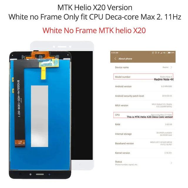 WhiteLCD MTKHelioX20 Для 5," Xiaomi Redmi Note 4X Snapdragon 625 и MediaTek MTK Helio X20 версия ЖК-экран+ сенсорная панель - Цвет: WhiteLCD MTKHelioX20