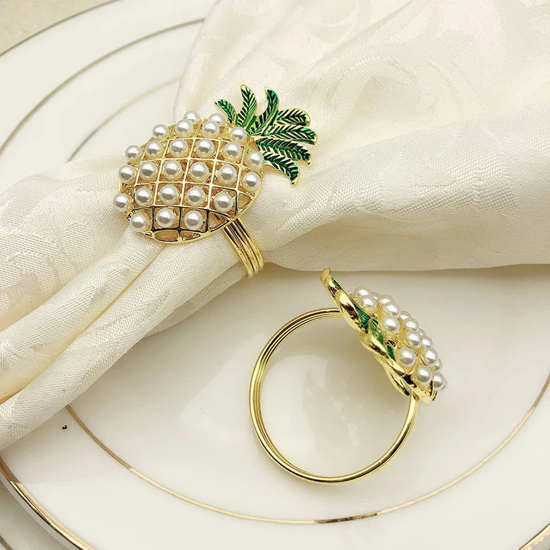 

6Pcs Cute Napkin Rings Pineapple Shape Pearl Beaded Shining Gold Christening Bangle Metal Wedding Gift Party Supplies