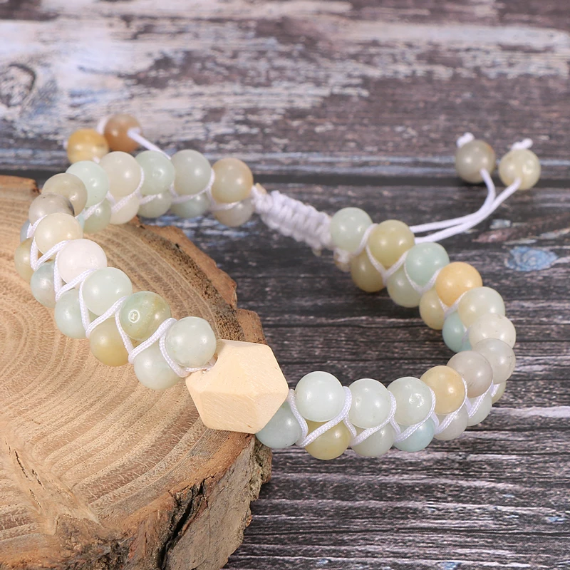 Женский браслет с натуральным амазонитом и бусинами для девушек деревянный 2