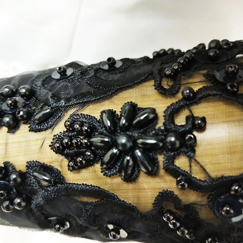 

JaneVini Elegant Black 1 Pair Bridal Long Gloves Full Finger Lace Appliques Pearls Opera Length Satin Women Wedding Accessories