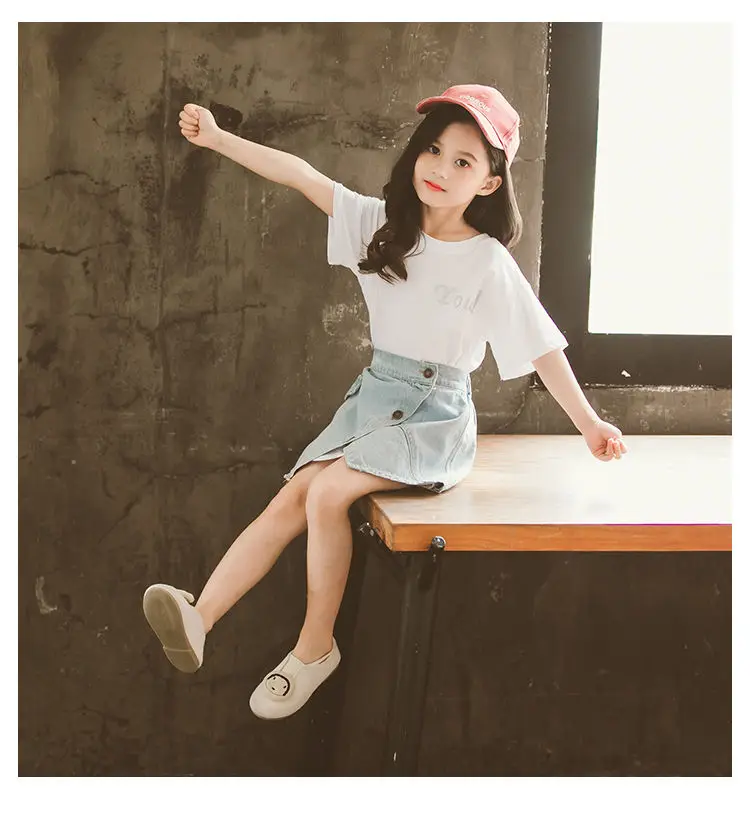 Летний комплект одежды для девочек футболка джинсовая юбка детская одежда из 2