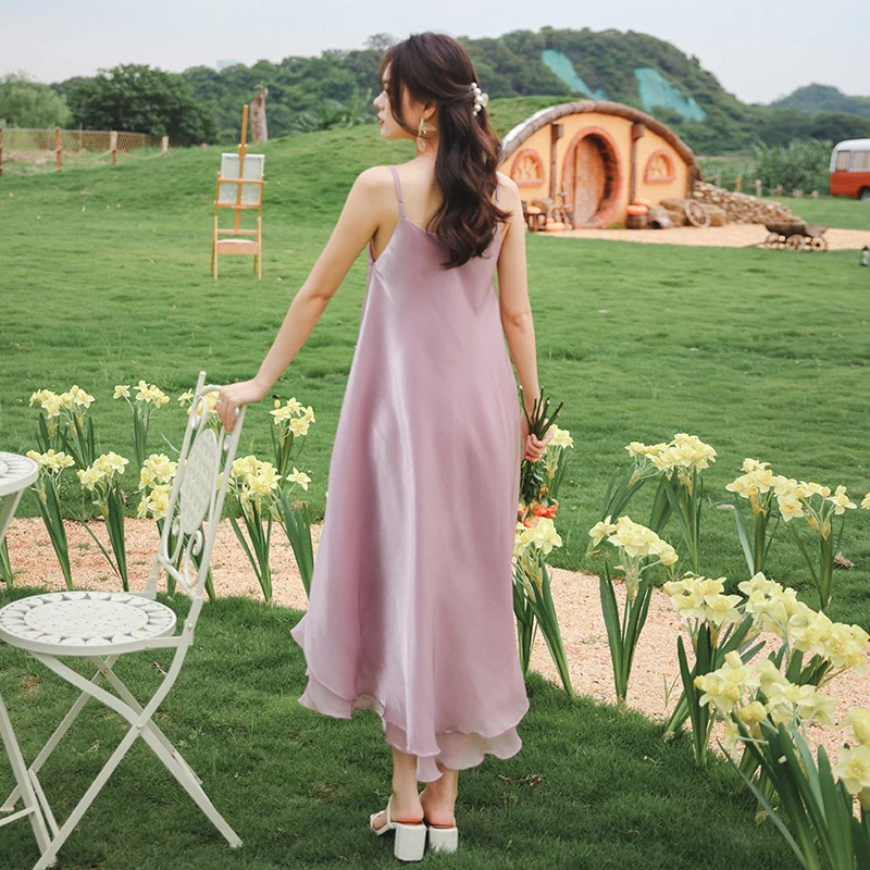 

COIGARSAM Women Beach Dress French Style Cute Spaghetti Strap Taro Purple Dresses Traf Robe Vestidos
