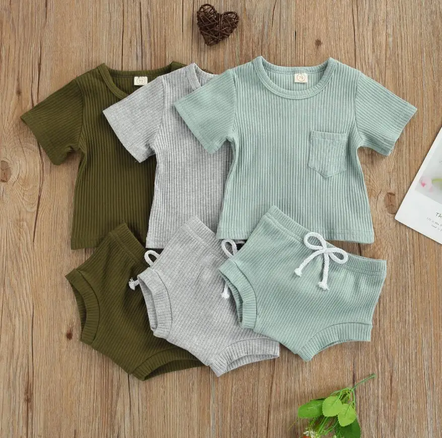 

Summer Baby Short Sleeve T shirt Elastic Waist Shorts Set Casual Cotton Baby Boys Solid Color Cotton Clothing Set