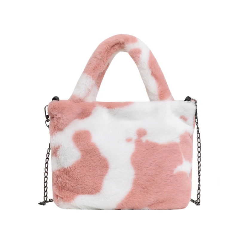 

Winter New Cute Cartoon Milk Cow Print Handbag Ladies Soft Warm Faux Fur Tote Large Plush Chain Messenger Bag Chiristmas Gift