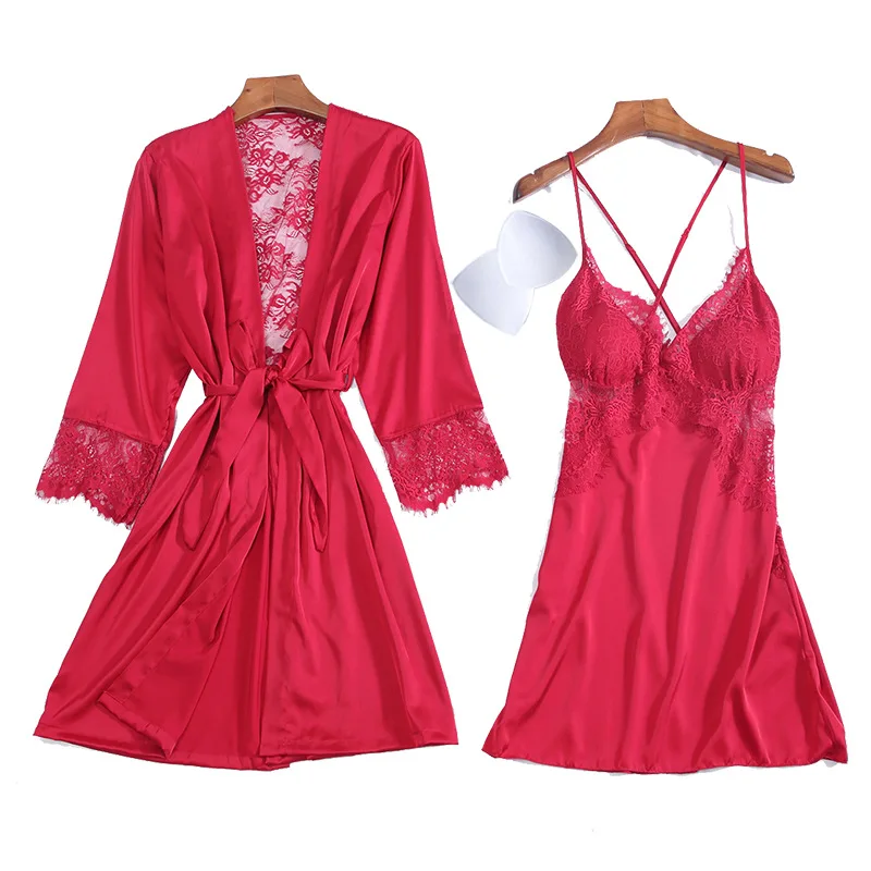 

Lace Hollow Out Robe Set Satin Bride Wedding Sleep Suit Femme Kimono Gown Summer New 2PCS Sleepwear Casual Nighty&Robe Set