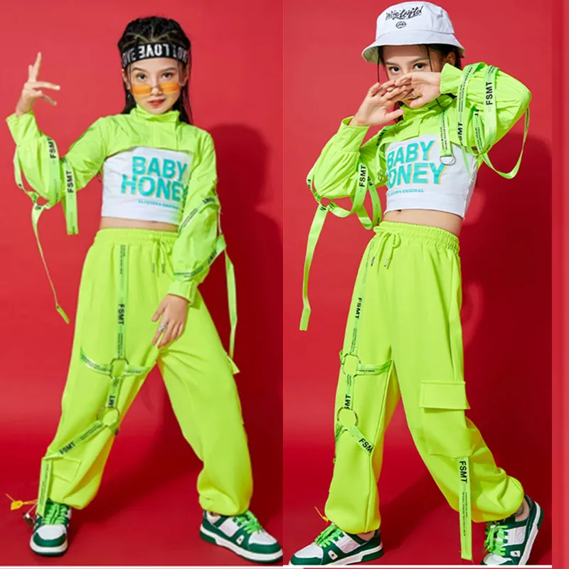 

New Hip Hop Kids Dance Costume Green Tops Girls Modern Jazz Clothing Hiphop Pant Stage Show Children Street Dance Clothes