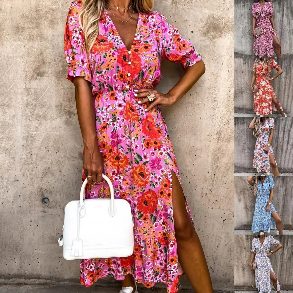 

Женское летнее длинное платье с высоким разрезом и цветочным принтом, платье с V-образным вырезом и пышными рукавами, весеннее пляжное плать...