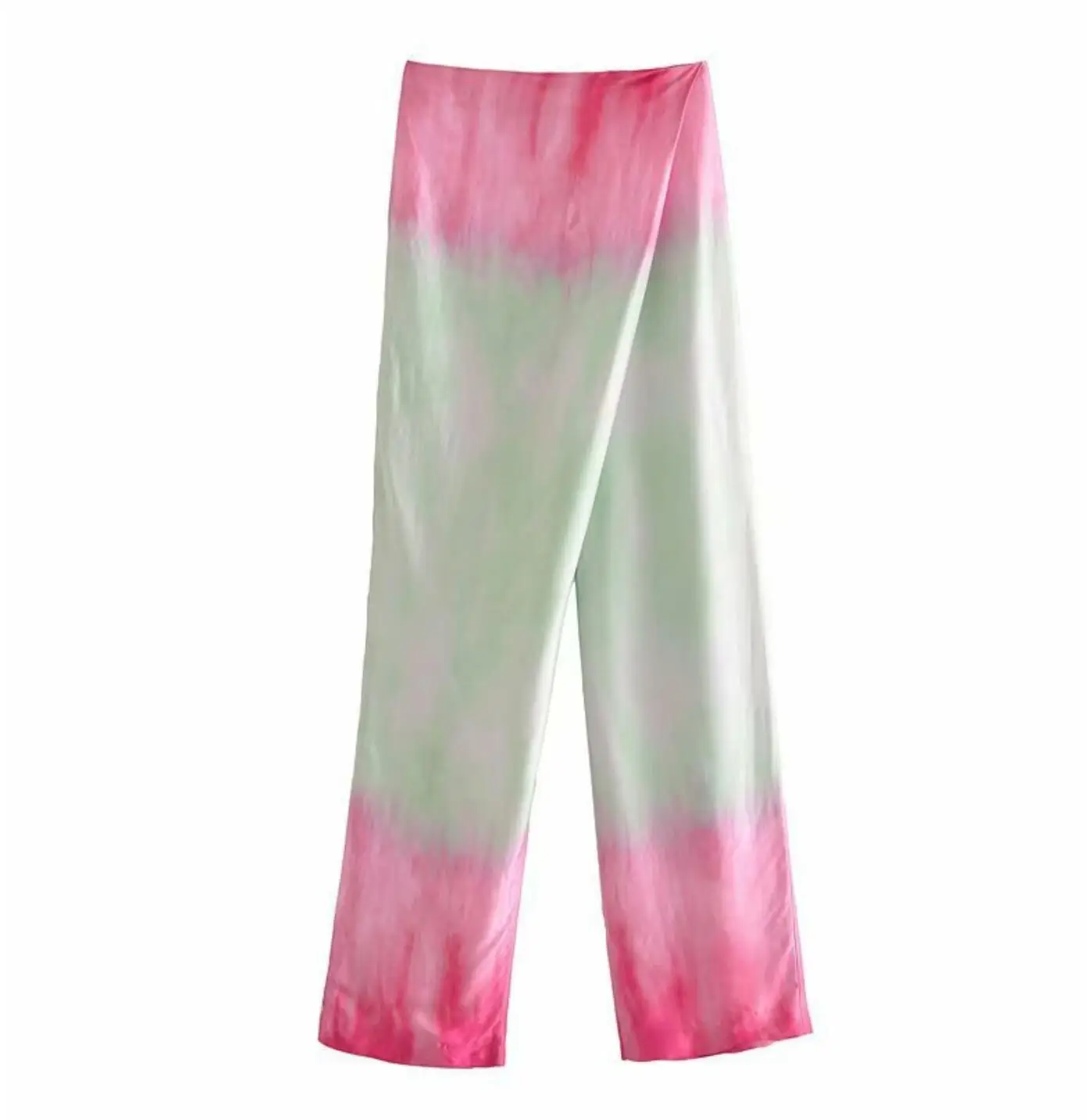 

2021 Chic Pink Green Tie-dye Print Loose Lapel Causal Shirt Women Cross Front High Waist Wide Leg Pants Holiday 2 Pieces Set