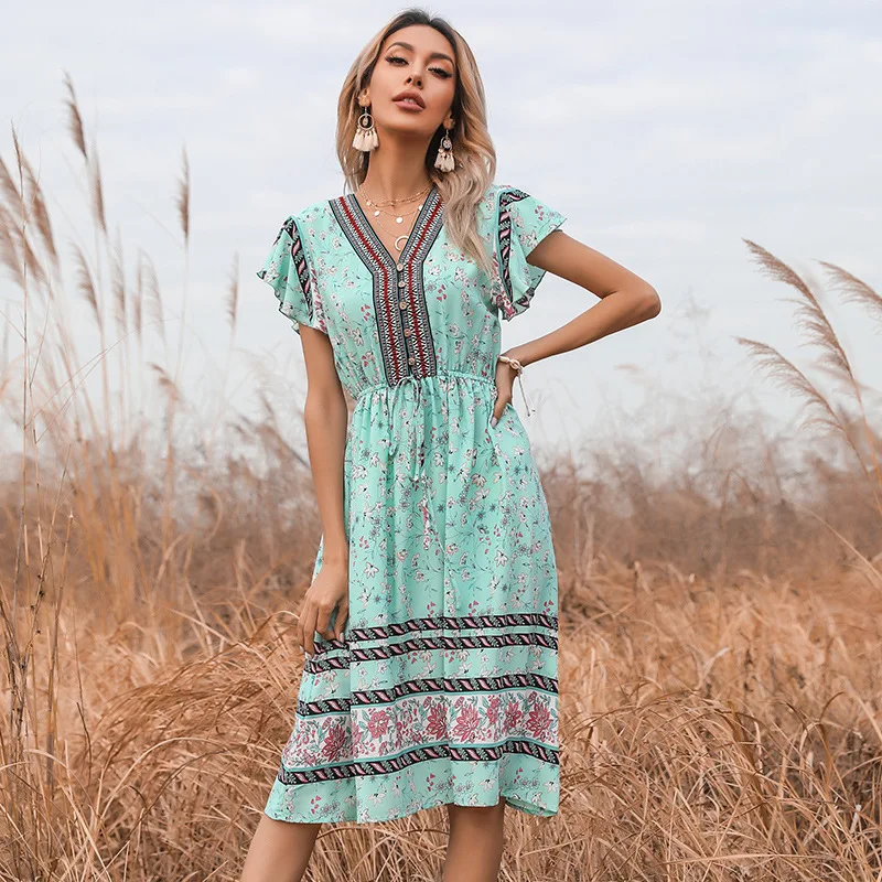 

European/American Ethnic Style Waist Floral Dress V-neck Tie-slim A-line Skirt Elastic Horn Short-sleeved Green Mid-length Skirt