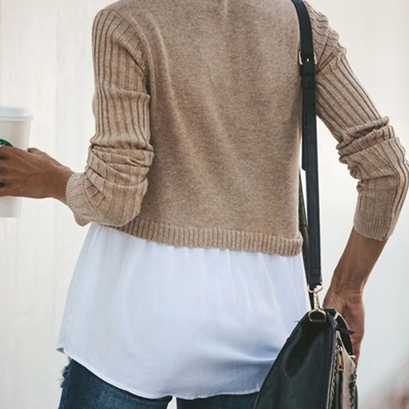 

Pullover Knitted Sweater Patchwork Long Sleeve Button Women Jumper 2021 Autumn Winter Sexy Casual Black Tops And Blouse Clothing