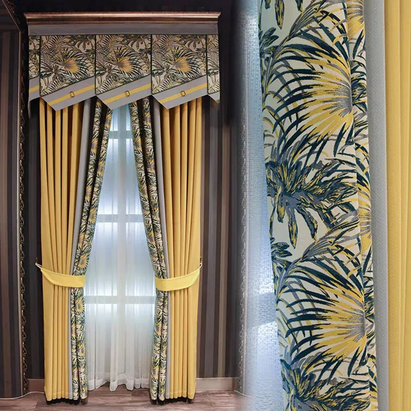 

Custom curtains New luxury bedroom shading American stitching Nordic yellow cloth blackout curtain tulle valance drape B788
