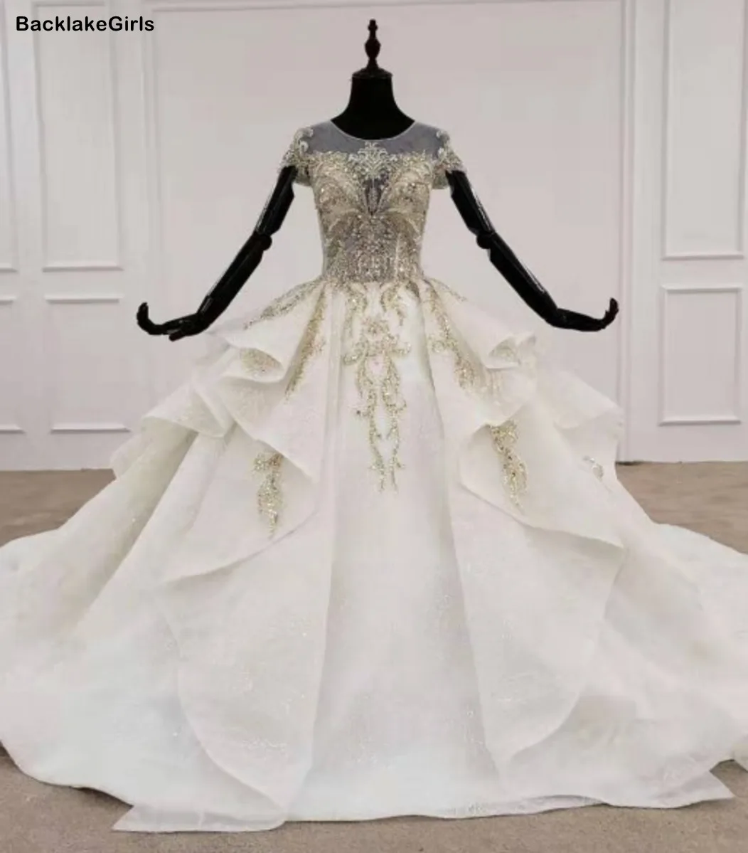 Роскошное белое Свадебное Платье со шлейфом и О-образным вырезом с коротким