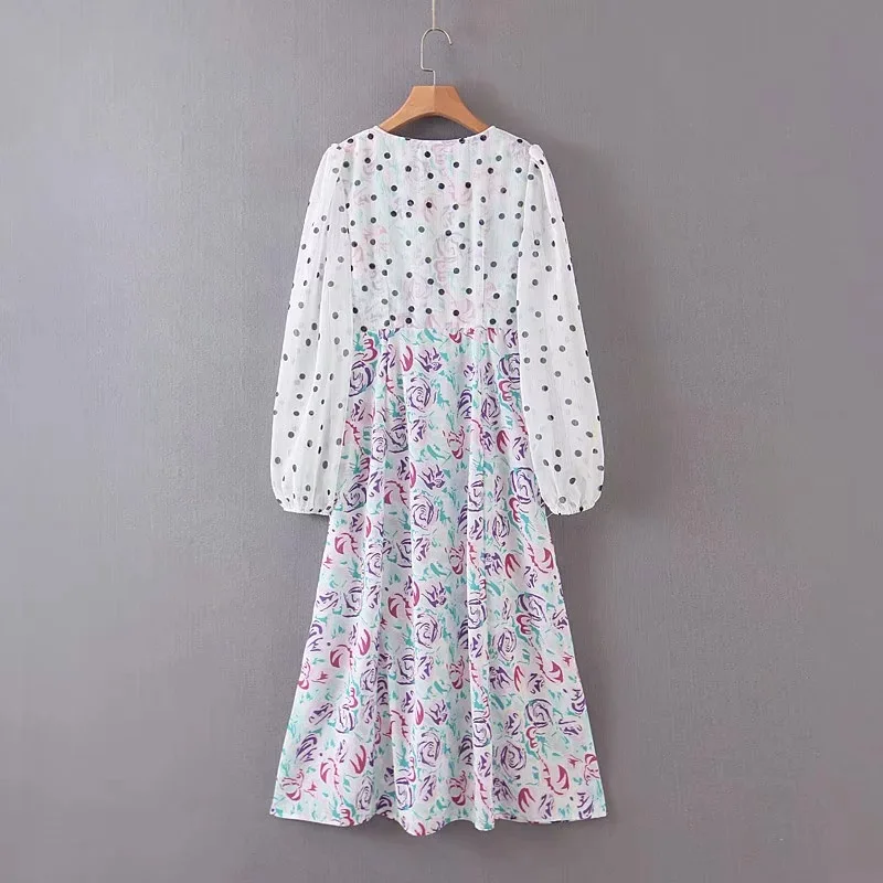 Женское белое платье в горошек с длинным рукавом и цветочным принтом | Женская
