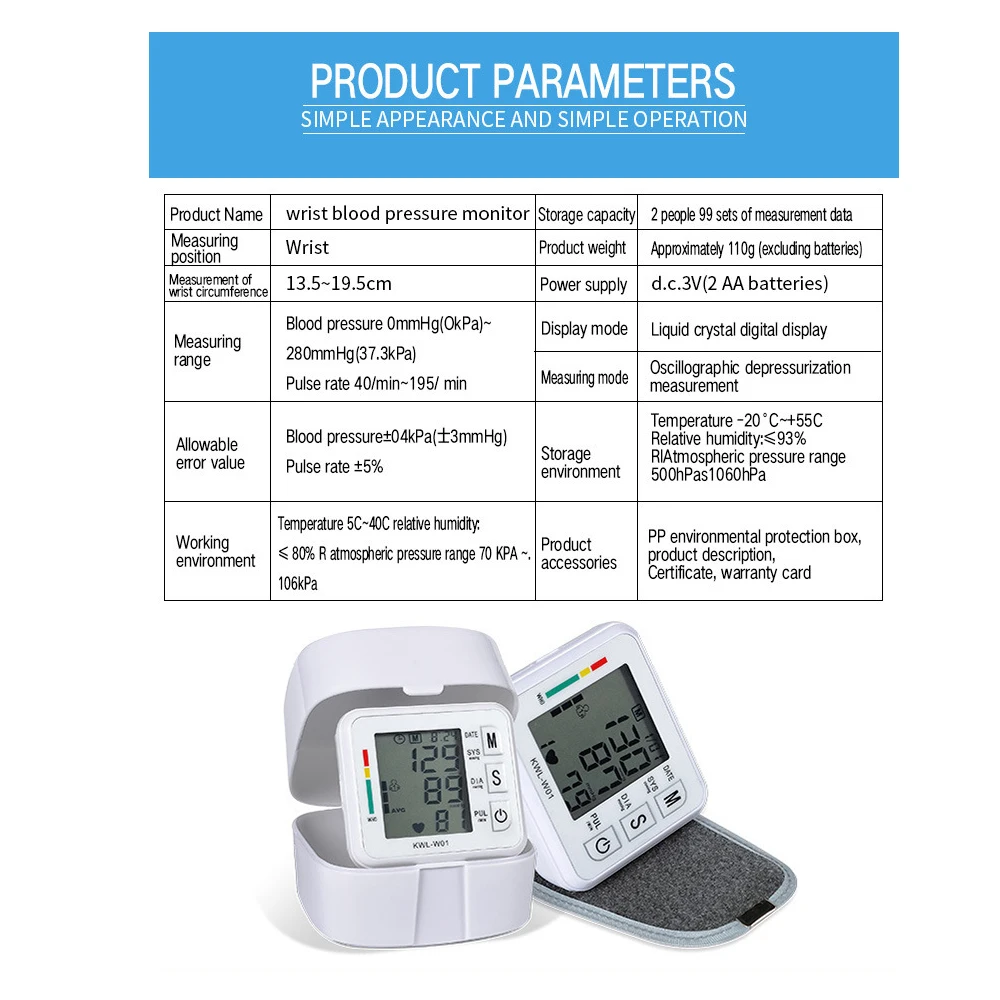 

Digital Blood Pressure Monitor Household Heart Rate Pulse Tonometer LCD Display Portable Wrist Type Electronic Sphygmomanometer