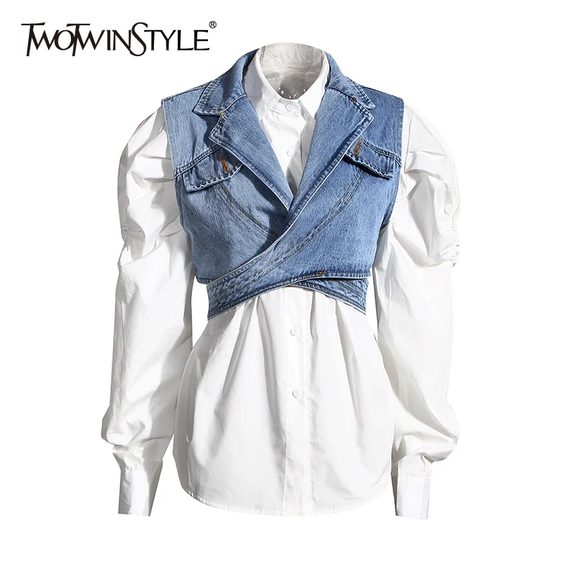 

TWOTWINSTYLE Elegant Two Piece Set For Women Lapel Puff Sleeve Shirt Sleeveless Denim Cross Coat Casual Sets Female 2020 Autumn