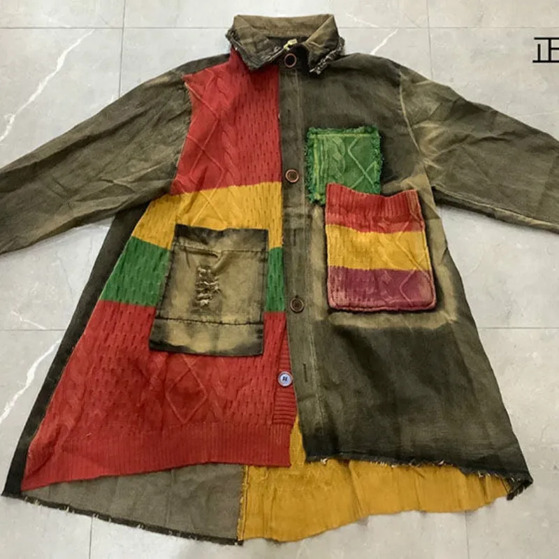 

Chaquetas Mujer 2021 Spring Autumn Streetwear Denim Jacket Women Knitted Patchwork Jeans Jacket Loose casual Long Coats XC129