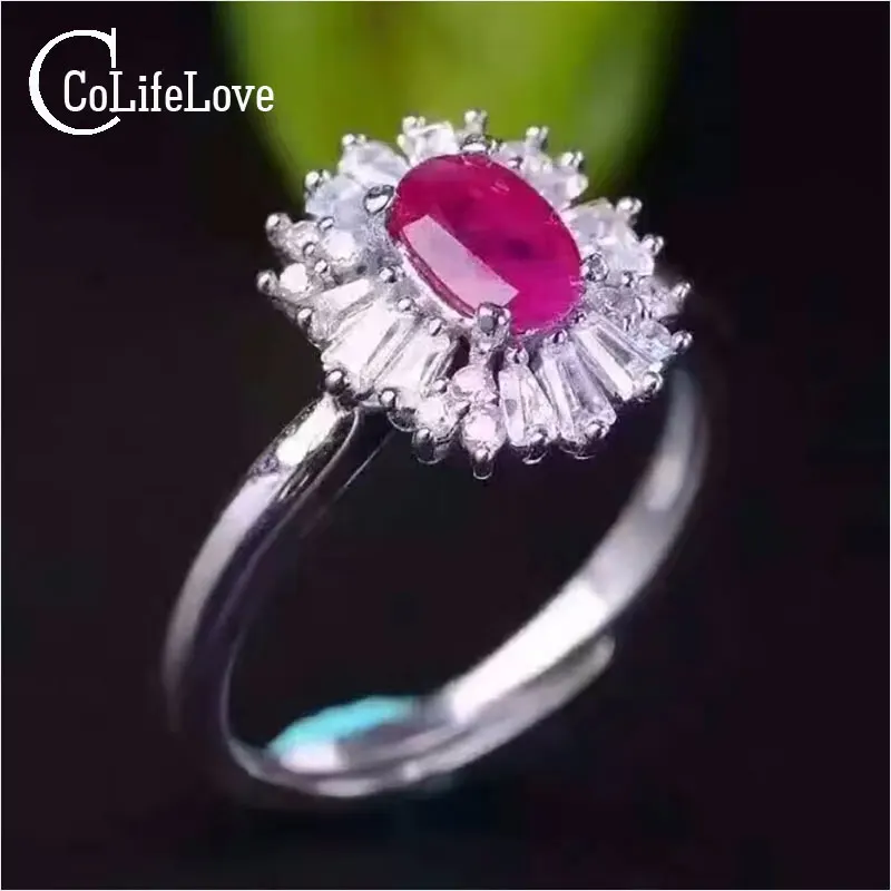 

Luxurious Silver Ruby Ring 4mm*6mm 0.5 Ct Genuine Burma Ruby Gemstone Solid 925 Silver Romantic Birthday Gift for Girlfriend