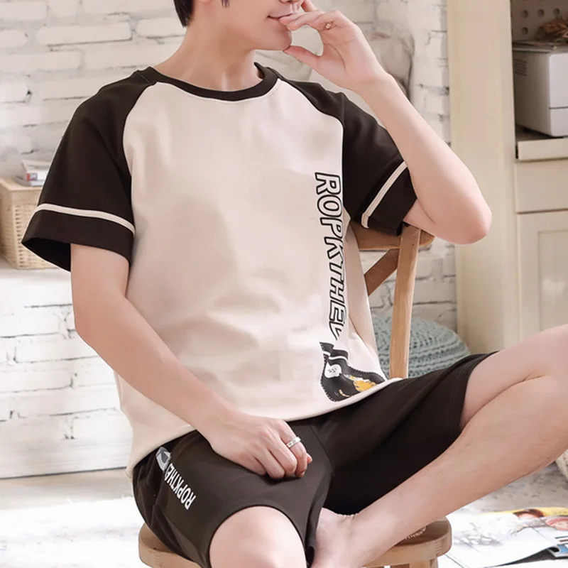 

Casual Men Pajamas Sets 2pcs Summer Cotton Short-sleeved and Shorts Pajamas Set Home Suit Multi Styles Plus Size Mens Sleepwear