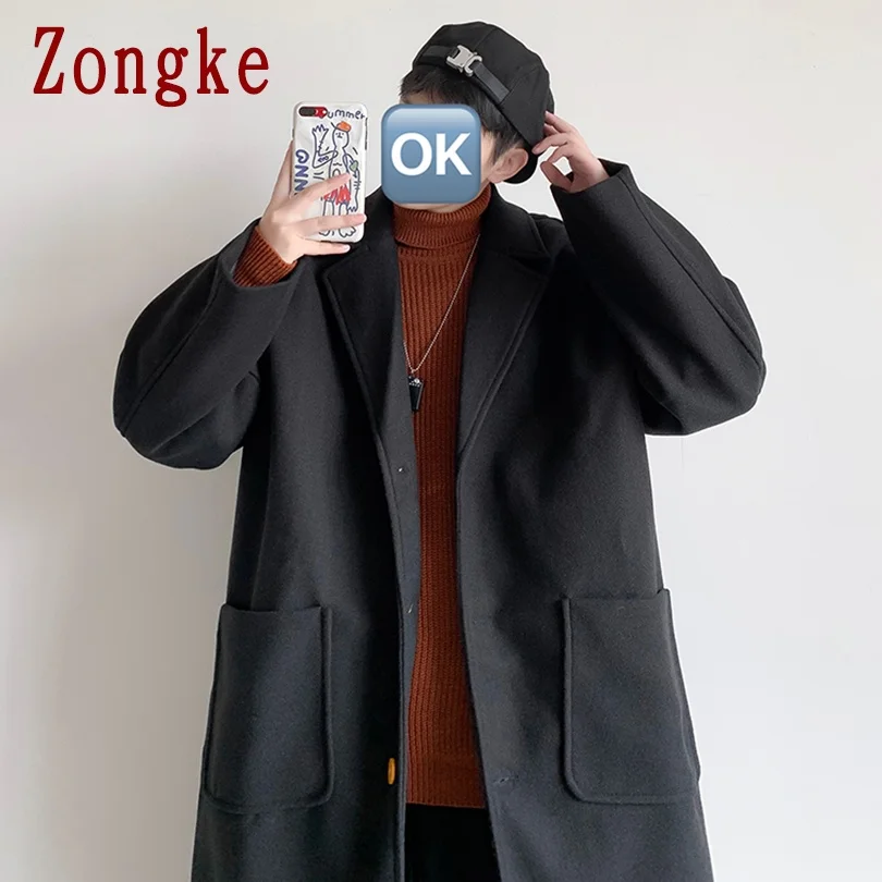 

Zongke Solid Long Wool Men Coats Winter Long Coat Men Jacket 2021 Turn-down Collar Overcoat Men Trench M-3XL
