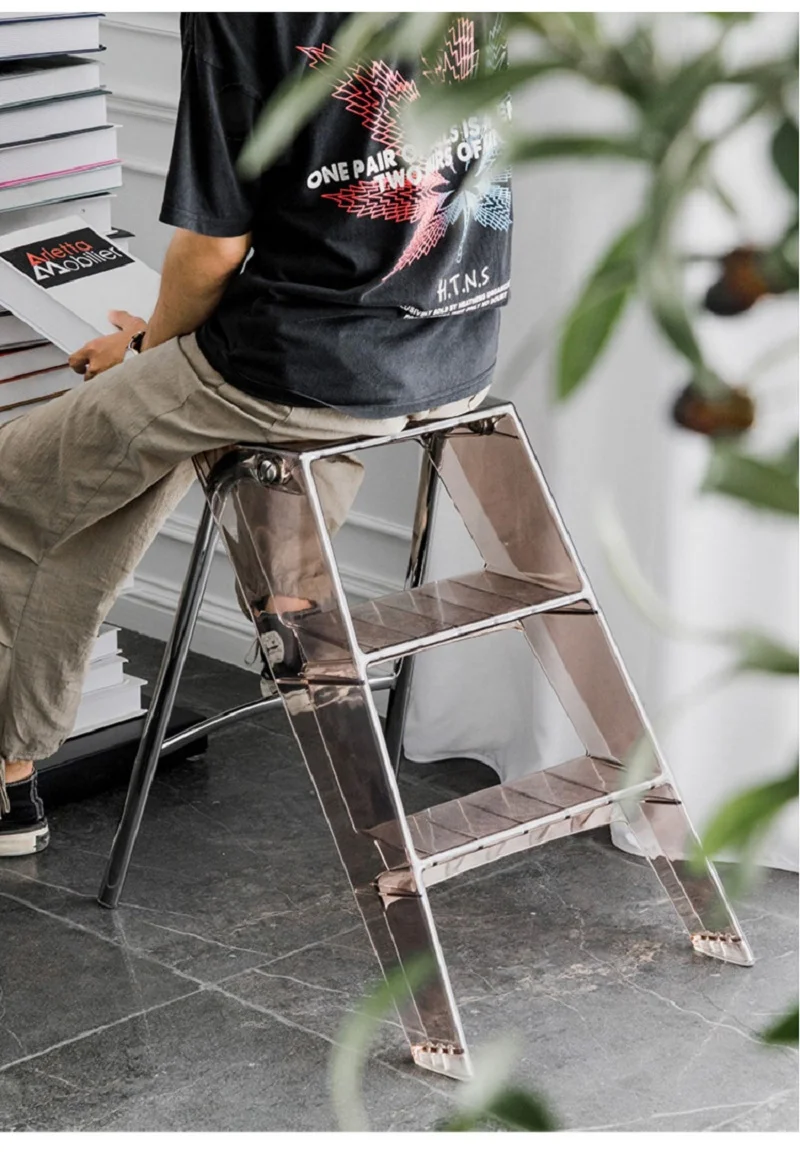 JOYLOVE Japanese Household Ladder Transparent Acrylic Portable Telescopic Folding Ladder Storage Three-step Pedal Plastic Ladder