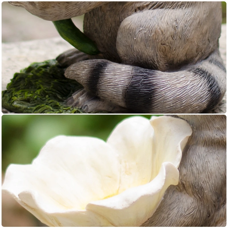 

Creative Raccoon Shaped Resin Statue Bird Feeder Cute Lifelike Animal Figurine Holding Flower Squirrel Drinking Ornament Home