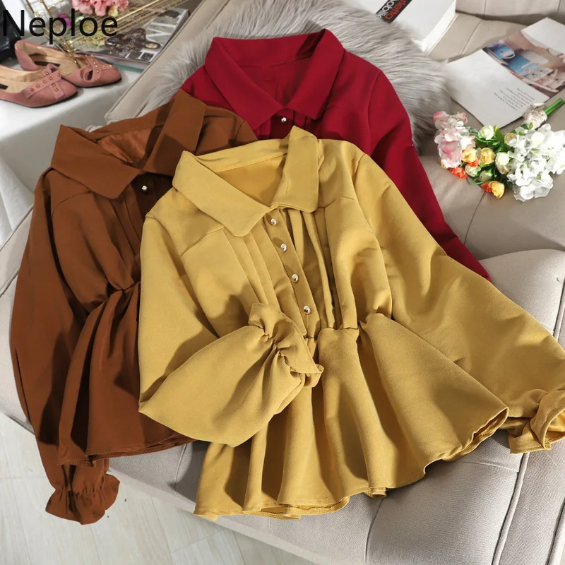 Neploe элегантный дизайн с оборками тонкая приталенная блузка отложной воротник