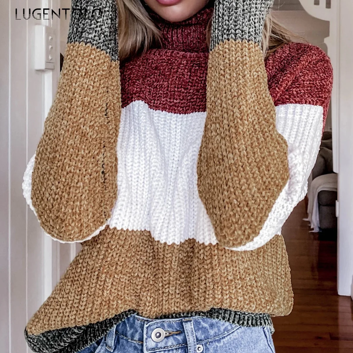 

Women Sweater Casual Autumn Winter Stitching Striped Sweaters Long-Sleeve Knitwear Turtleneck Female Fashion Sweaters Lugentolo